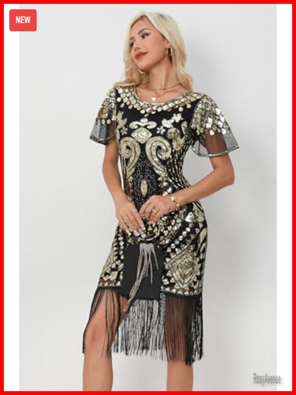 Sequin Beaded Flapper Dress Fringe Gatsby Party 1920s Vintage Gown - Picture 2 of 5